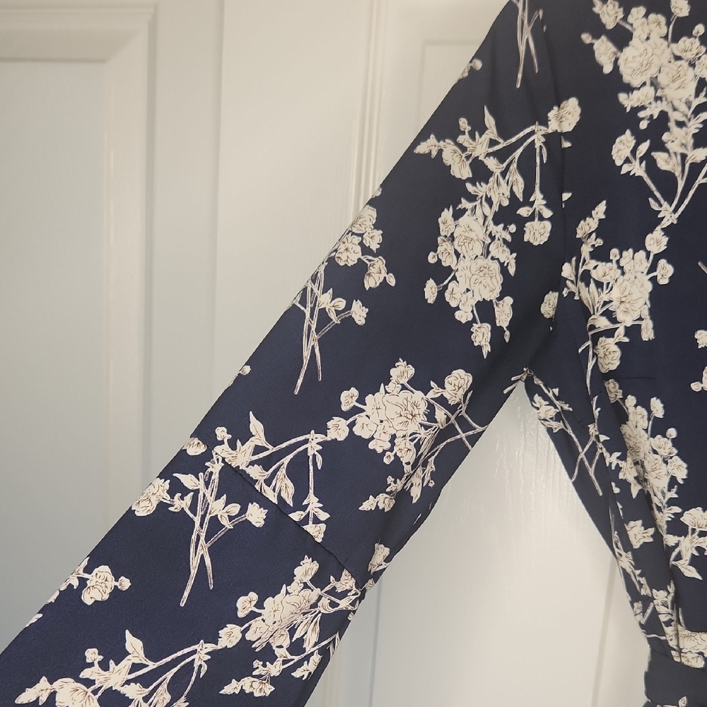 Navy Dark Blue Floral Flirty Faux Wrap Fabric Belt Long Sleeve Dress Size M - Picture 3 of 11